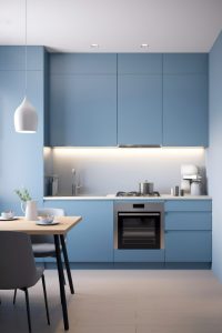 دکوراسیون رنگ آبی و طوسی برای آشپزخانه
