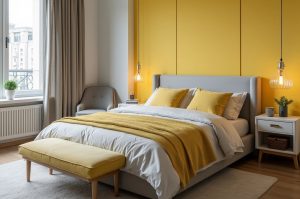 رنگ زرد و طوسی در دکوراسیون اتاق خواب