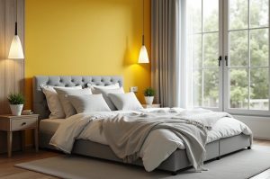 ترکیب رنگ طوسی و زرد در اتاق خواب