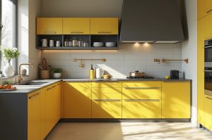 ترکیب رنگ طوسی و زرد در آشپزخانه