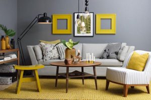 ترکیب رنگ زرد و طوسی برای پذیرایی