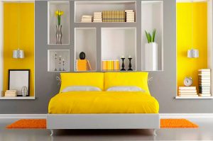 ترکیب رنگ زرد و طوسی برای اتاق خواب