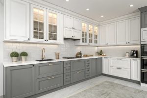 ترکیب رنگ سفید و طوسی در کابینت مدرن