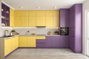 ترکیب رنگ زرد و بنفش در کابینت مدرن