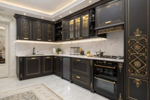 کابینت آشپزخانه مشکی در سبک نئوکلاسیک